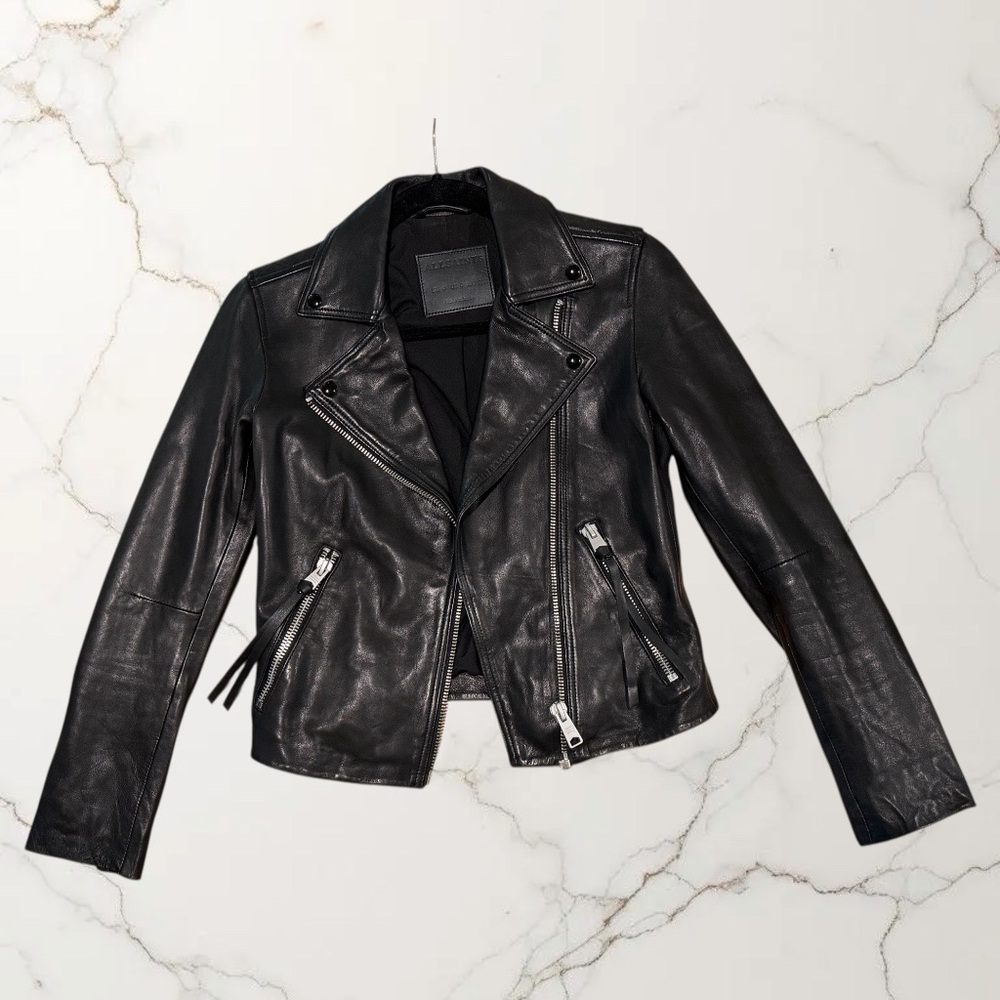 All Saints Jet Black Leather Moto Jacket